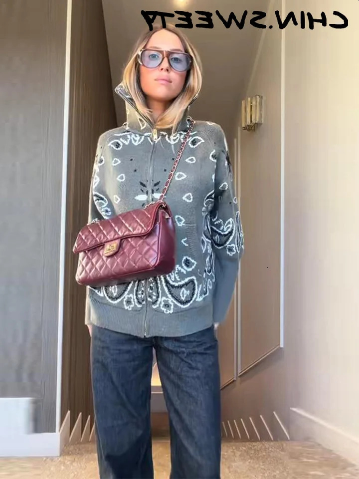 Casual Bandana Print Knitted Cardigan Women Chic Contrast Lapel Zipper Full Sleeve Sweater Female Fashion Spring Lady Coat 2415 - view 4