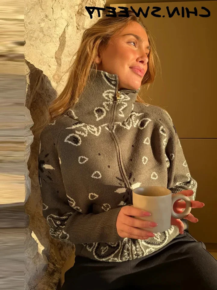 Casual Bandana Print Knitted Cardigan Women Chic Contrast Lapel Zipper Full Sleeve Sweater Female Fashion Spring Lady Coat 2415 - view 6