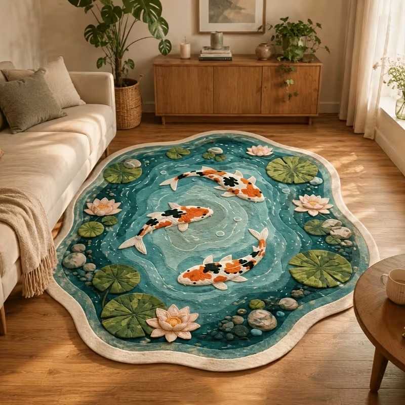 Irregular Lotus Pond Koi Fish Rug Art Pastoral Decor Living Room Carpet Bedroom Bedside Plush Rugs Soft Washable Floor Mat L260908
