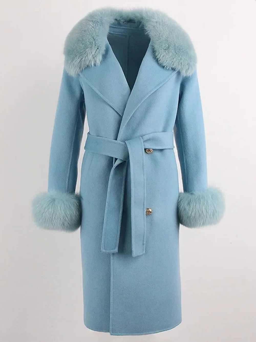 Real Fur Coat Long 2024 Winter Jacket Womens Natural Wool Blended Cashmere Double Chest Strap Warm Streetwear Fashion 240824 - view 3