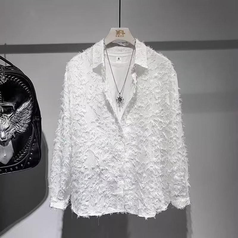 Designer Luxury Loose Fit Men Shirt Jacket Fringed Feather Like Textured Solid Color Lapel Outerwear Korean Style Youth Outdoors Casual Street Fashion - view 3