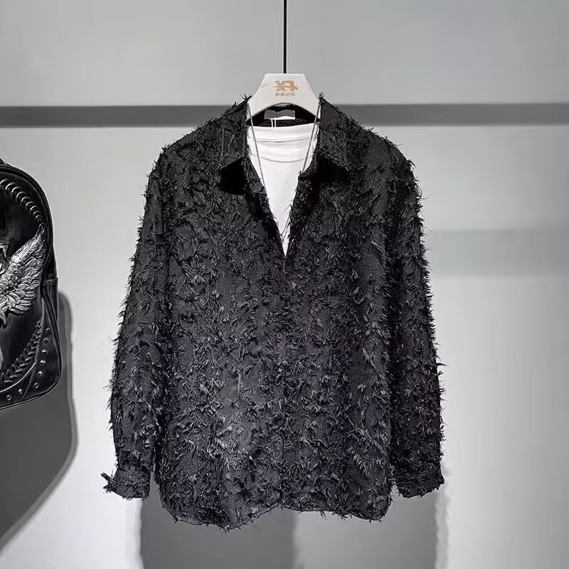 Designer Luxury Loose Fit Men Shirt Jacket Fringed Feather Like Textured Solid Color Lapel Outerwear Korean Style Youth Outdoors Casual Street Fashion - view 4