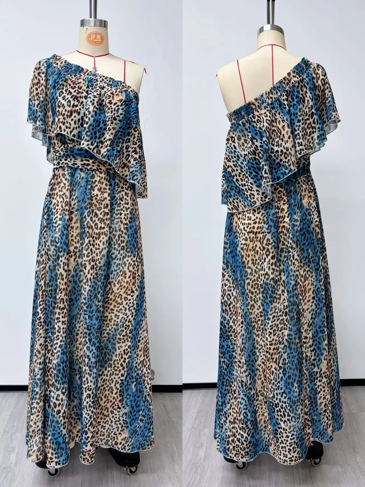 Elegant Leopard Print Chiffon Women Maxi Dress Off Shoulder Ruffles Waist Slimming Vacation Casual Beach Long Dress 260907 - view 6
