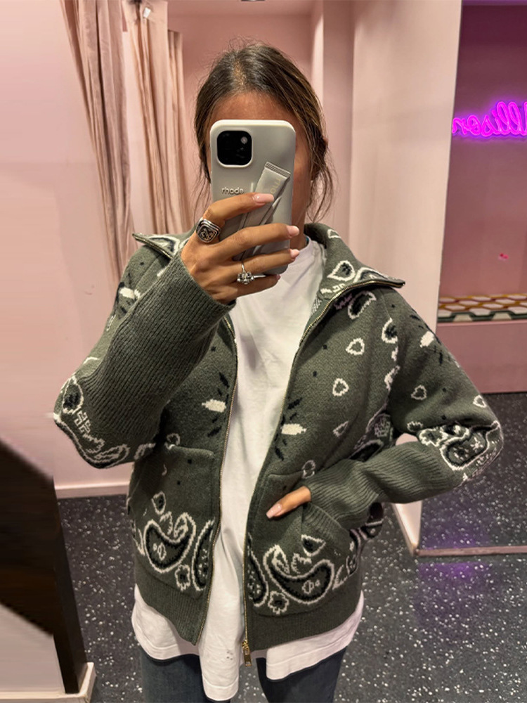Casual Bandana Print Knitted Cardigan Women Chic Contrast Lapel Zipper Full Sleeve Sweater Female Fashion Spring Lady Coat 2415 - view 5