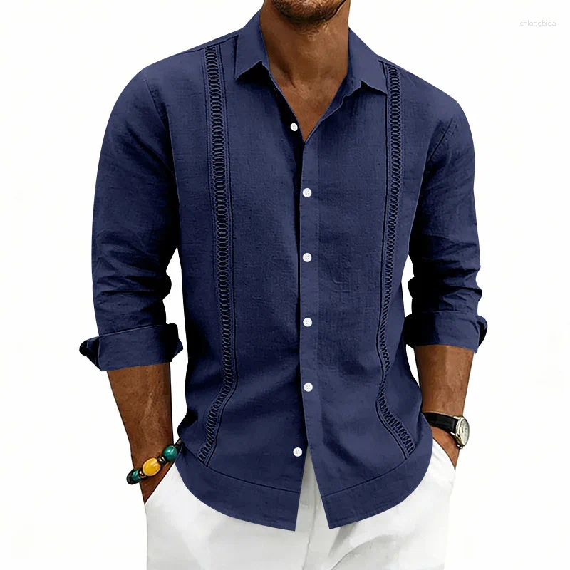 Men' s Casual Shirts Men Lapel Long Sleeve Linen Shirt H - view 5