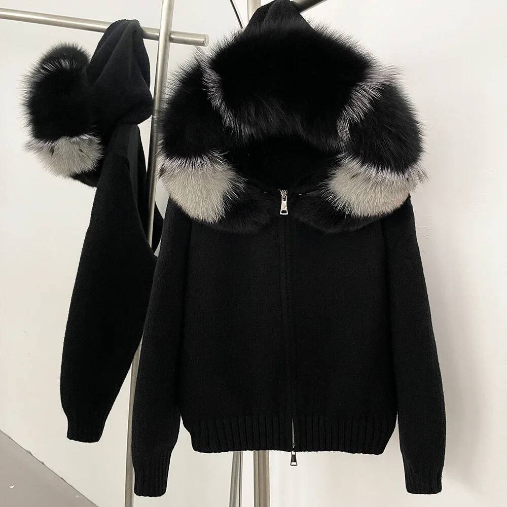 OFTBUY Real Mongolian Knitwear Women Cardigan Natural Fox Coat Female Spring Autumn Hooded Knitted Fur Jacket - view 3