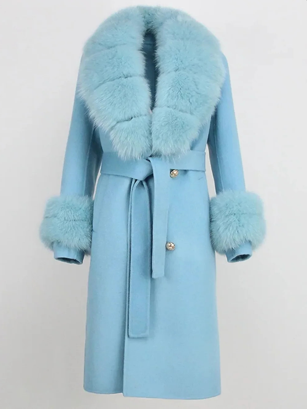 Real Fur Coat Long 2024 Winter Jacket Womens Natural Wool Blended Cashmere Double Chest Strap Warm Streetwear Fashion 240824 - view 6
