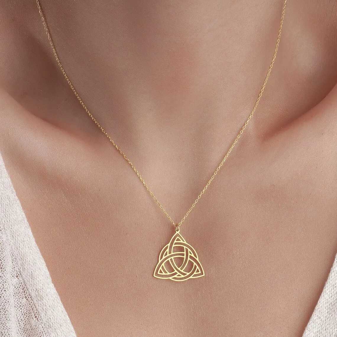 Viking Celtics Knot Geometric Pendant Necklace for Women Men Stainless Steel Gold Color Witch Triquetra Amulet Chain JewelryT260909 - view 3