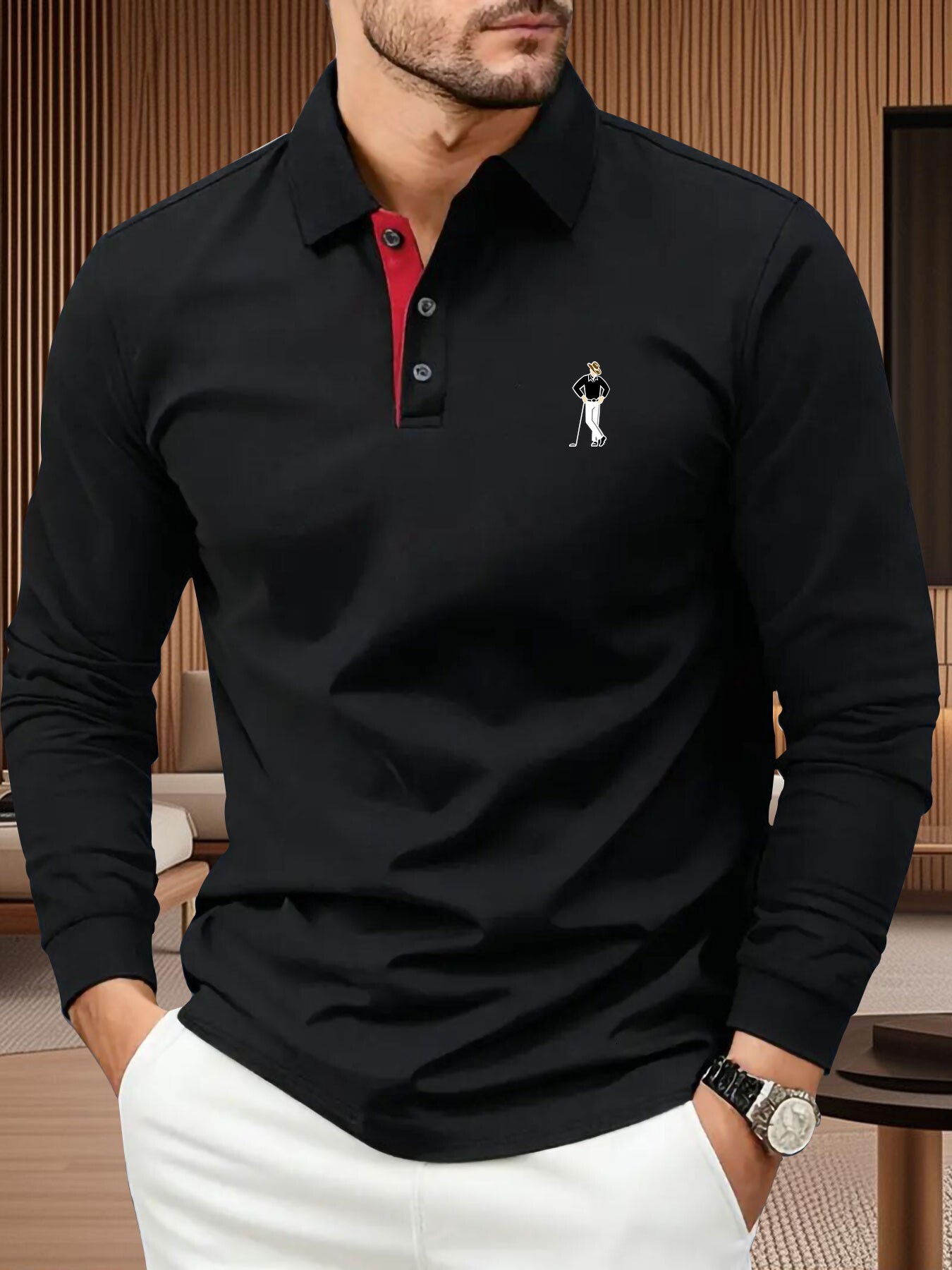 Designer A unique four-season high-end men's long-sleeve polo shirt, featuring a cartoon golfer portrait print, suitable for outdoor leisure - view 5