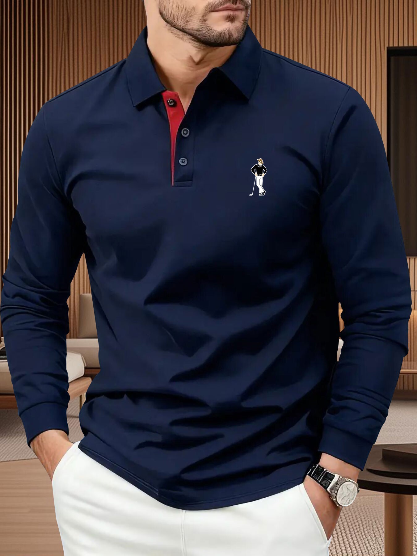 Designer A unique four-season high-end men's long-sleeve polo shirt, featuring a cartoon golfer portrait print, suitable for outdoor leisure - view 4