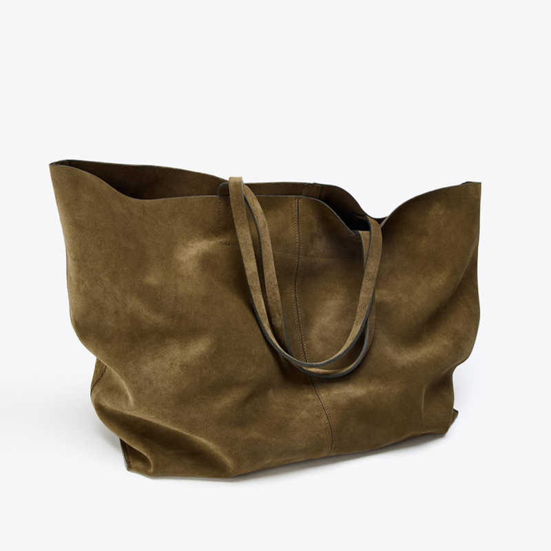 Brand Suede Leather Large Capacity Tote Bag Vintage Simple Cowhide Shoulder Purse High-quality Shopping Travel Commute HandbagT260909