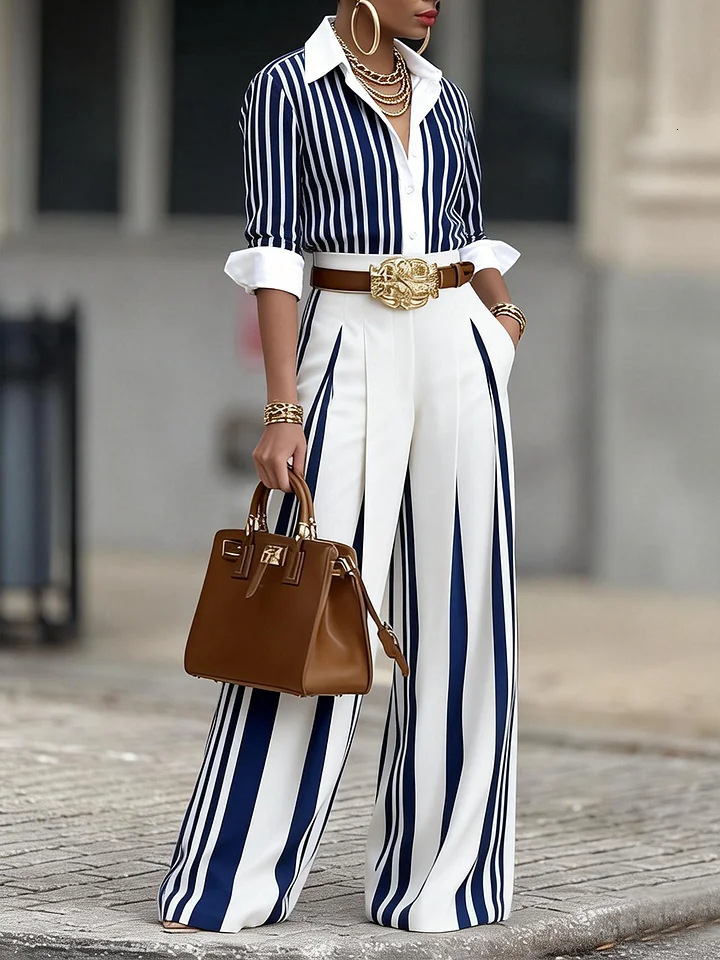 Blue And White Striped Wide-Leg For Women, High-Waisted Slimming Suit Pants, Cross-Border Commuting Straight-Leg Floor-Length Pants - view 4