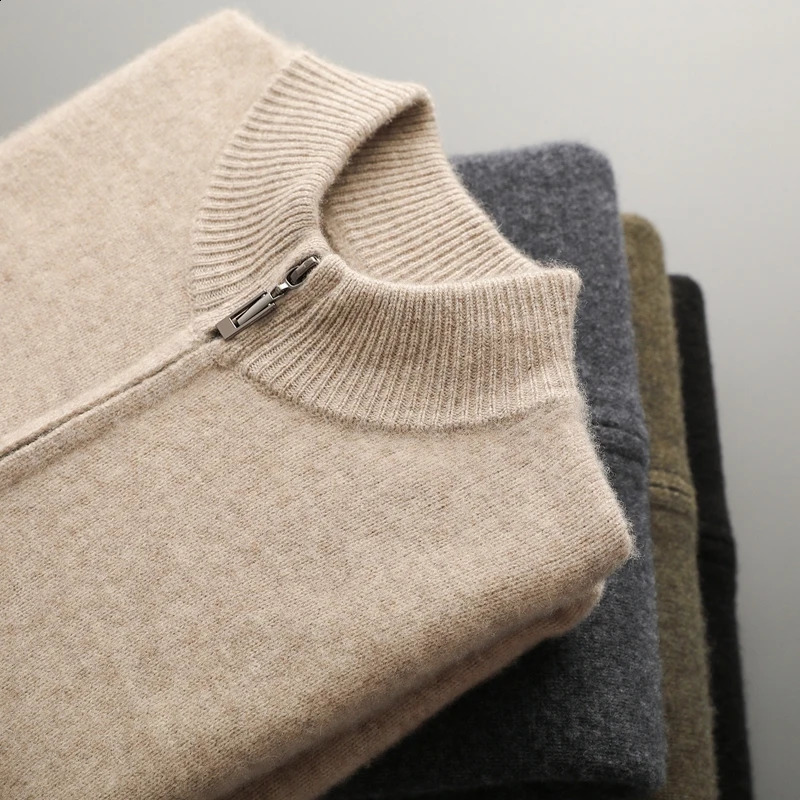 100% Merino Wool Men's Warm Sweater Mock Collar Thickened Zippered Cardigan Autumn Winter Cashmere Knitted Long Sleeve Tops260909ww - view 7