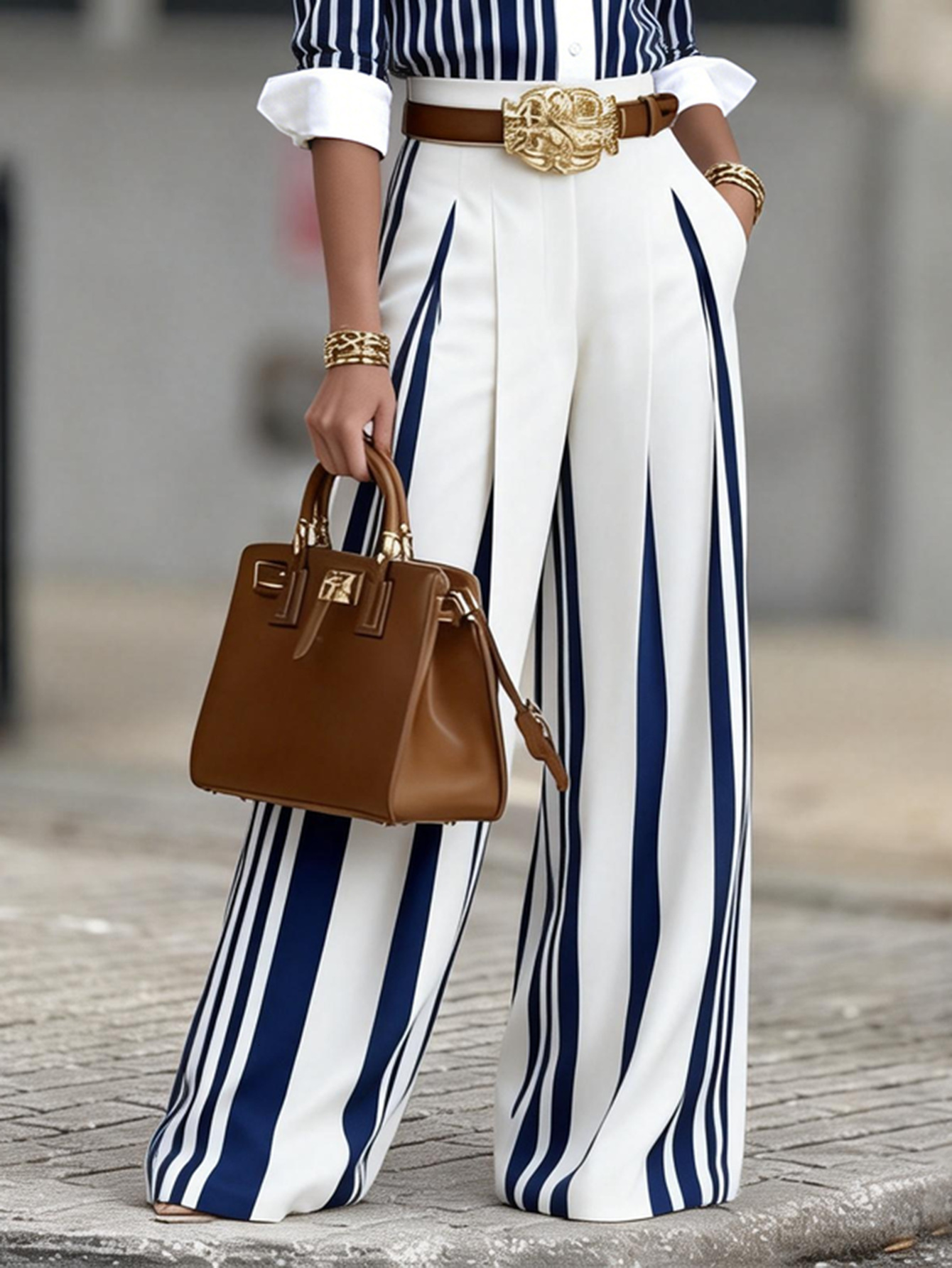 Blue And White Striped Wide-Leg For Women, High-Waisted Slimming Suit Pants, Cross-Border Commuting Straight-Leg Floor-Length Pants