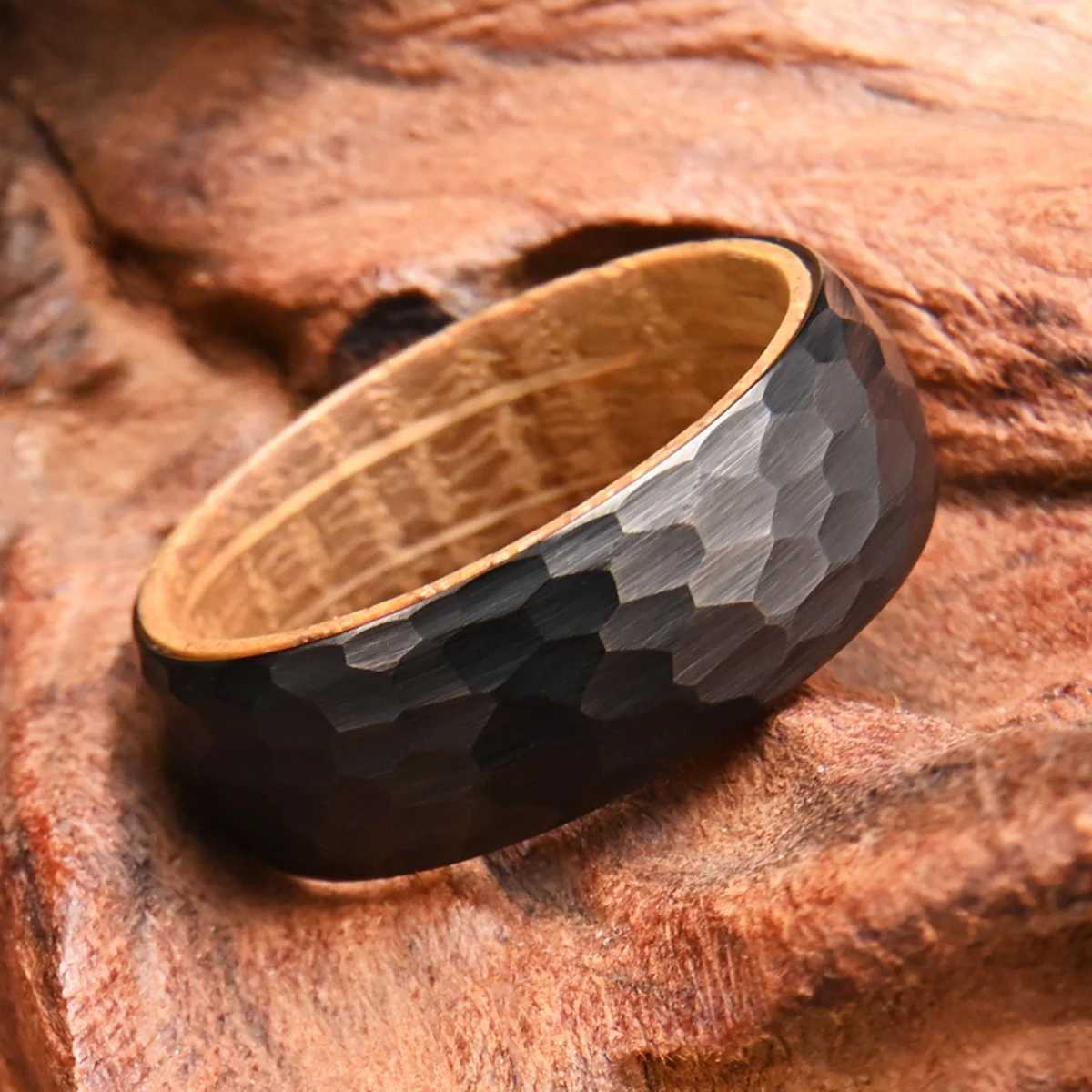 8mm Black Hammered Whiskey Barrel Ring Wedding Band Ring for Men Wooden Tungsten Engagement Ring Unique Gift for BoyfriendT260908 - view 4