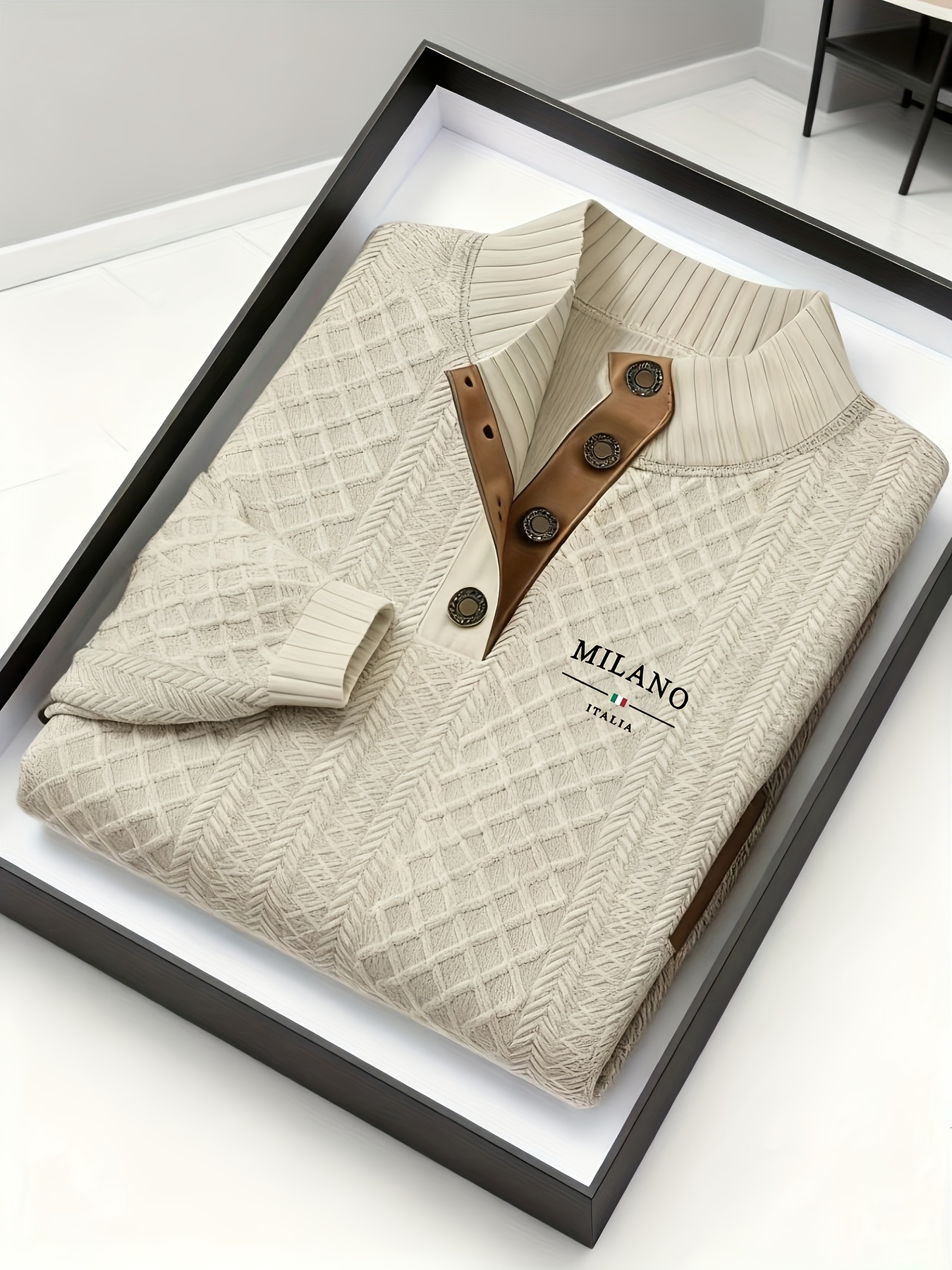 Designer Men's long-sleeve polo shirt, men's henley shirt, small stand-up collar, long-sleeved, with buttons, does not include gift box - view 5