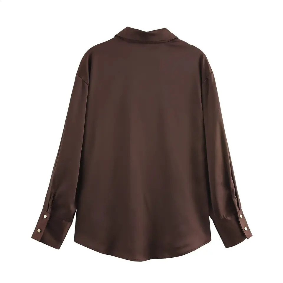 DUOPERI Women Fashion Satin Brown Blouse Lapel Neck Long Sleeves Vintage Female Chic Lady Shirts 260831 - view 4