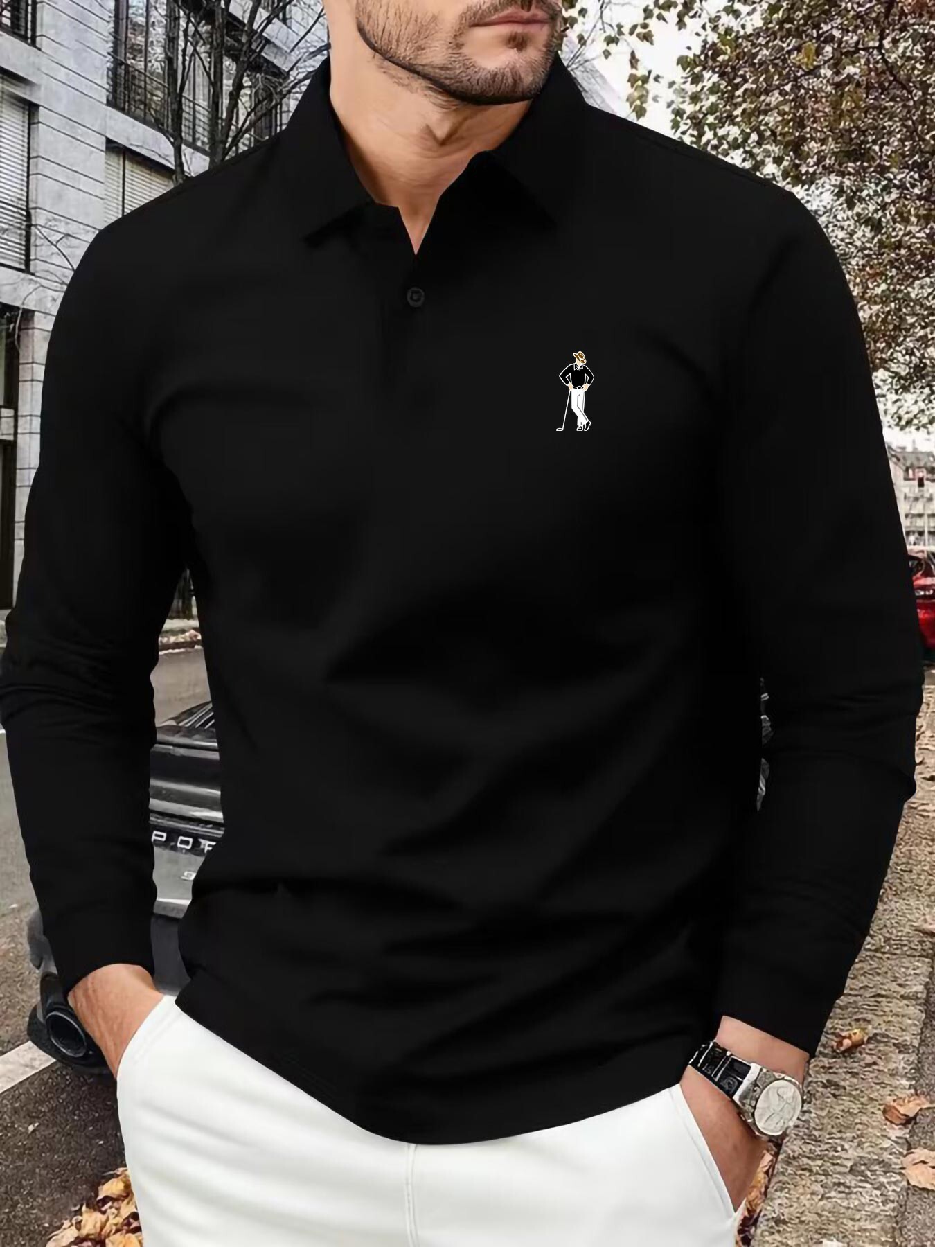 Designer A unique four-season high-end men's long-sleeve polo shirt, featuring a cartoon golfer portrait print, suitable for outdoor leisure - view 8