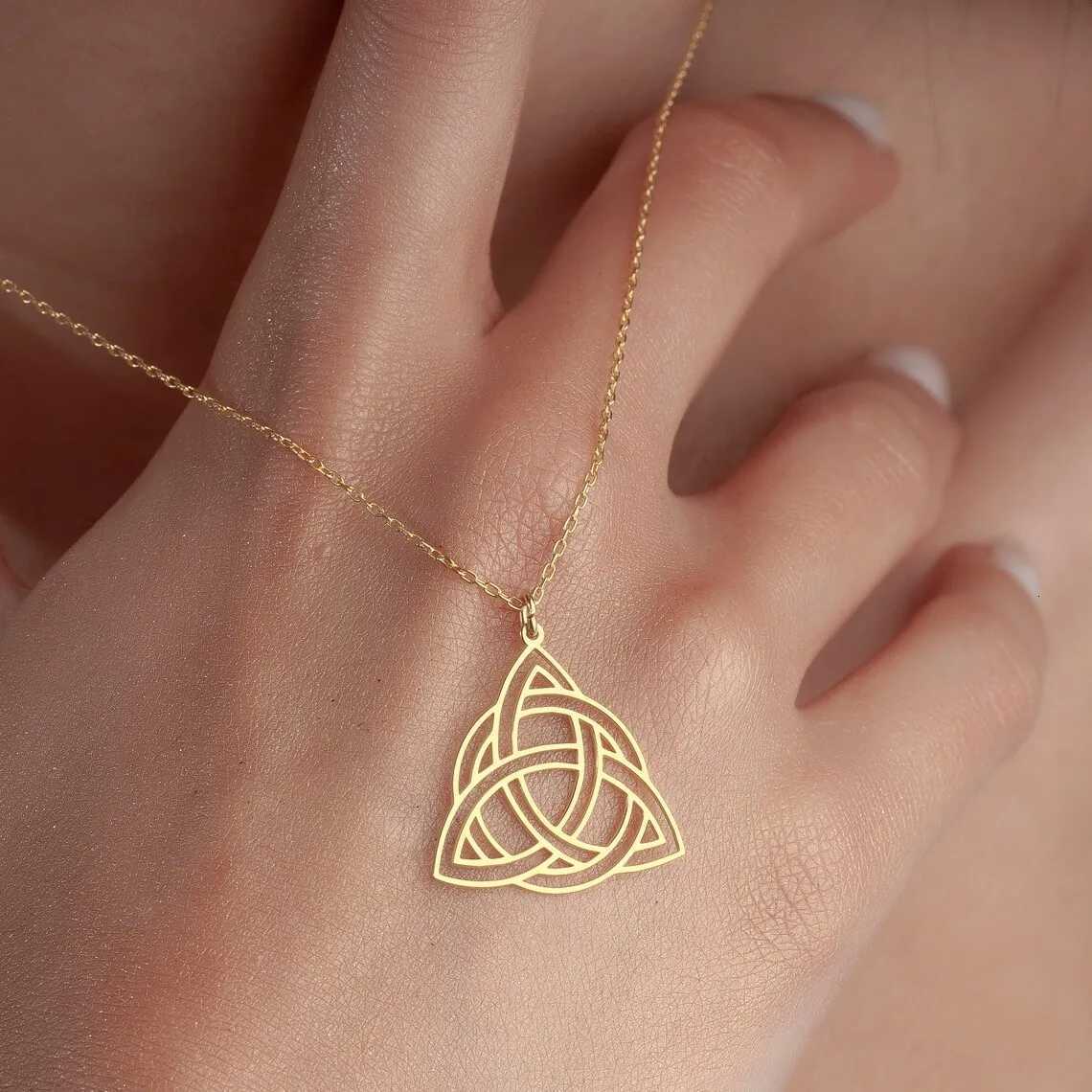 Viking Celtics Knot Geometric Pendant Necklace for Women Men Stainless Steel Gold Color Witch Triquetra Amulet Chain JewelryT260909 - view 5