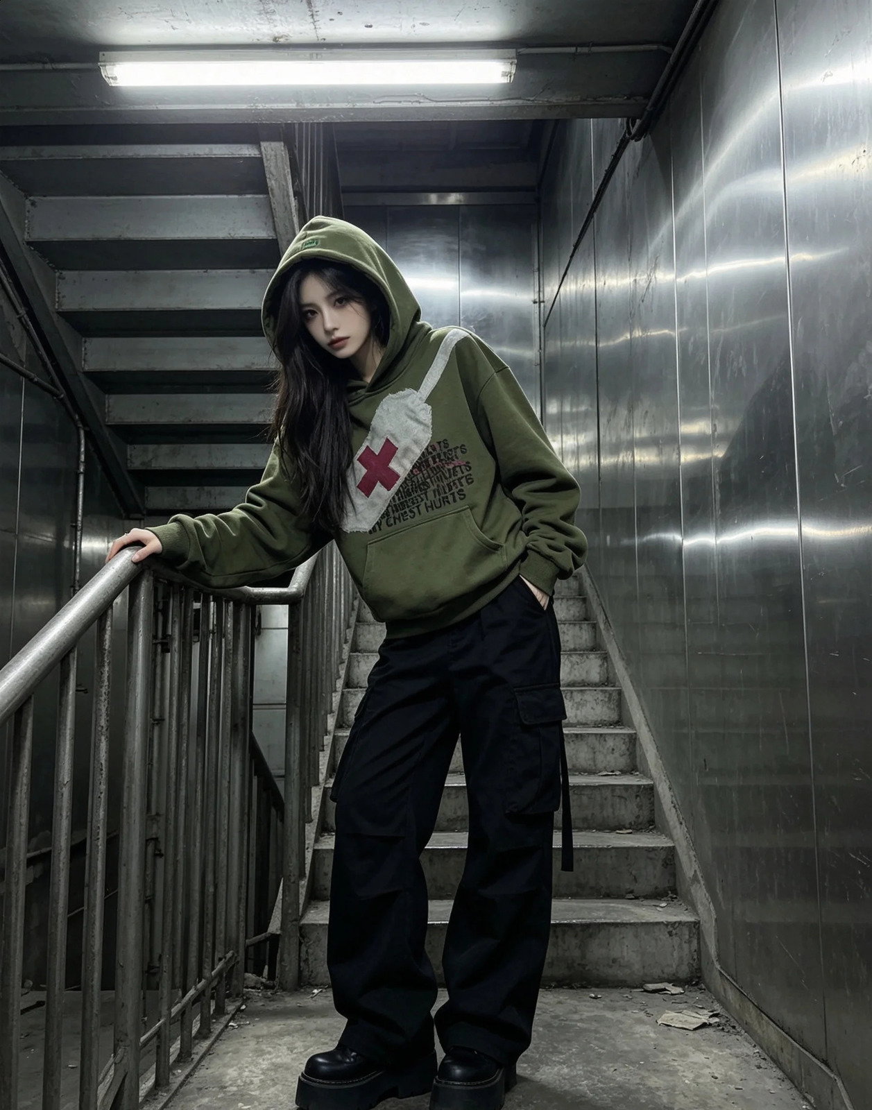 Military Green Graphic Print Hoodie Men Bandage Cross Letter Pullover Hooded Sweatshirt Vintage Streetwear Casual Tops 260909 - view 4