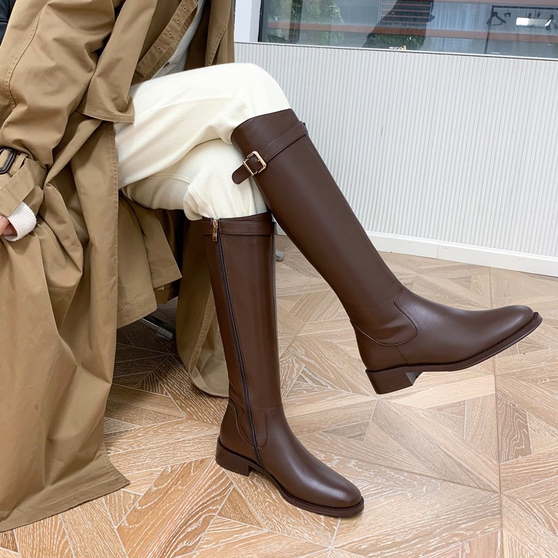 Women Thick Sole Fleece Lined Knee High Boots 2026s Winter Designer New Style Slant Mouth Buckle Strap Fashion Trendy Rider Boots Black Brown Free Shi - view 5