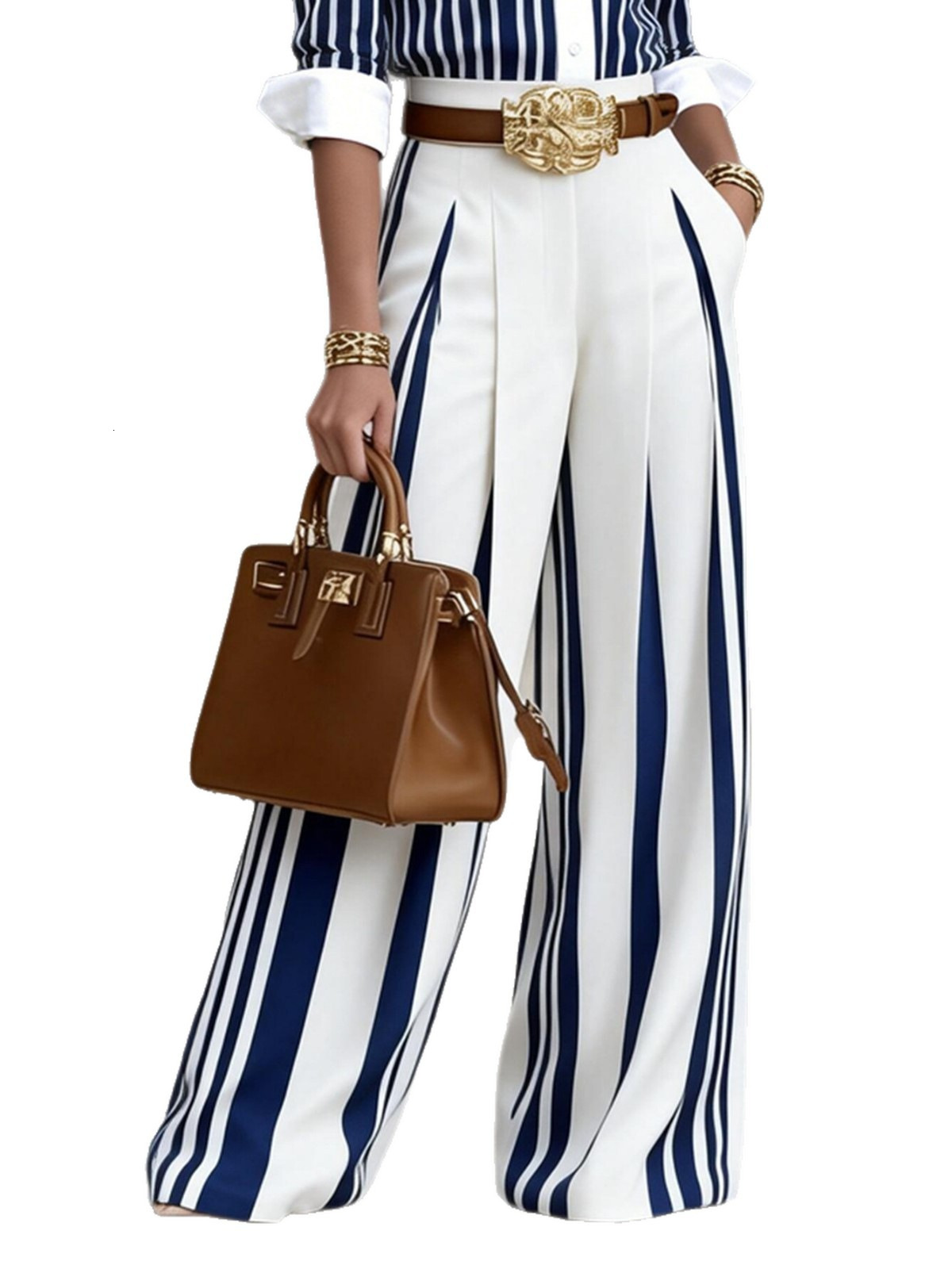 Blue And White Striped Wide-Leg For Women, High-Waisted Slimming Suit Pants, Cross-Border Commuting Straight-Leg Floor-Length Pants - view 6