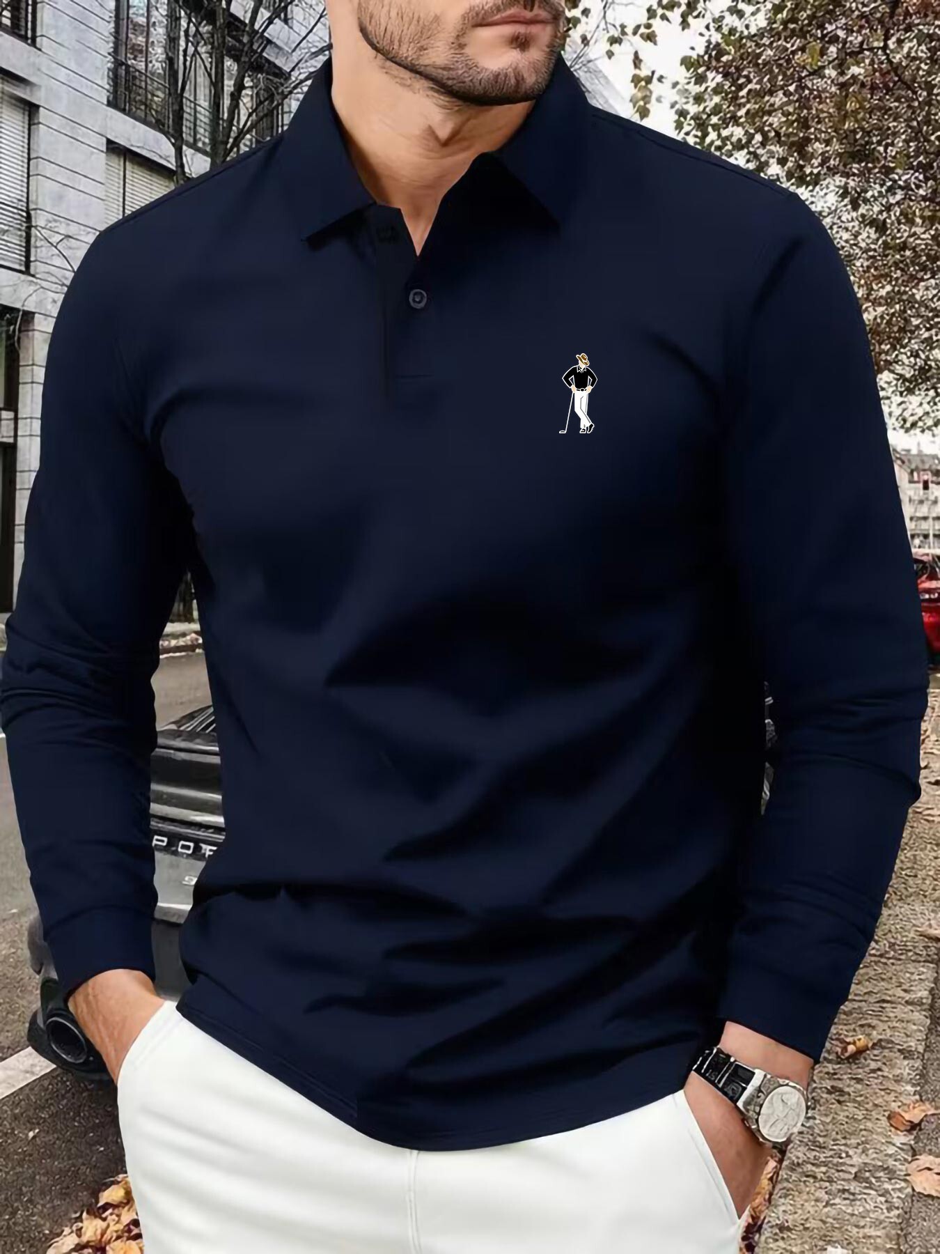 Designer A unique four-season high-end men's long-sleeve polo shirt, featuring a cartoon golfer portrait print, suitable for outdoor leisure - view 6