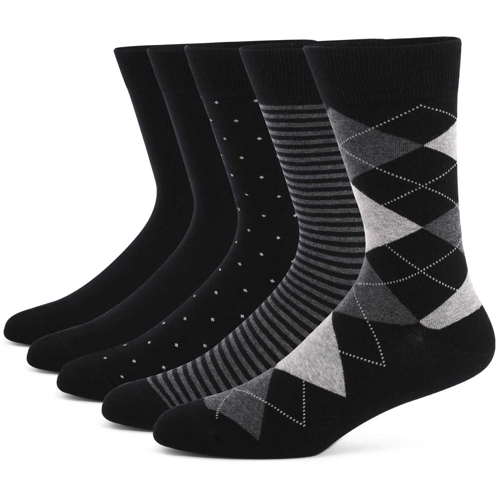 5 Pairs Men's Dress Socks Plus Size High Combed Cotton Crew Socks Black Cool Argyle Breathable Casual Socks for MenT260909