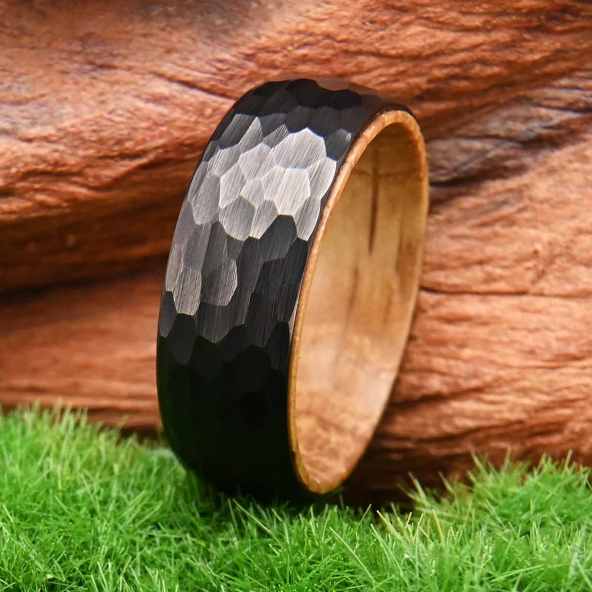 8mm Black Hammered Whiskey Barrel Ring Wedding Band Ring for Men Wooden Tungsten Engagement Ring Unique Gift for BoyfriendT260908 - view 3