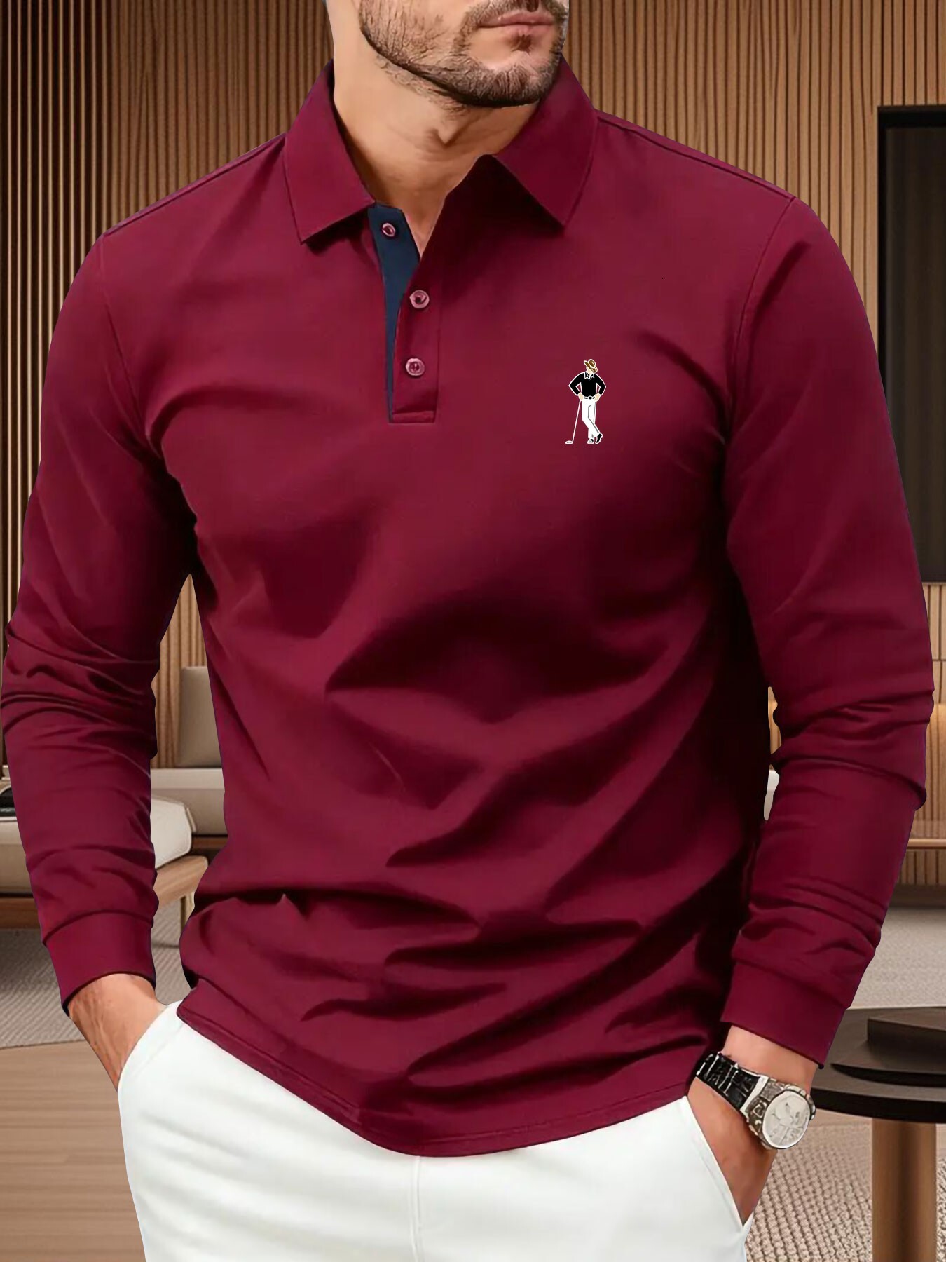 Designer A unique four-season high-end men's long-sleeve polo shirt, featuring a cartoon golfer portrait print, suitable for outdoor leisure - view 7