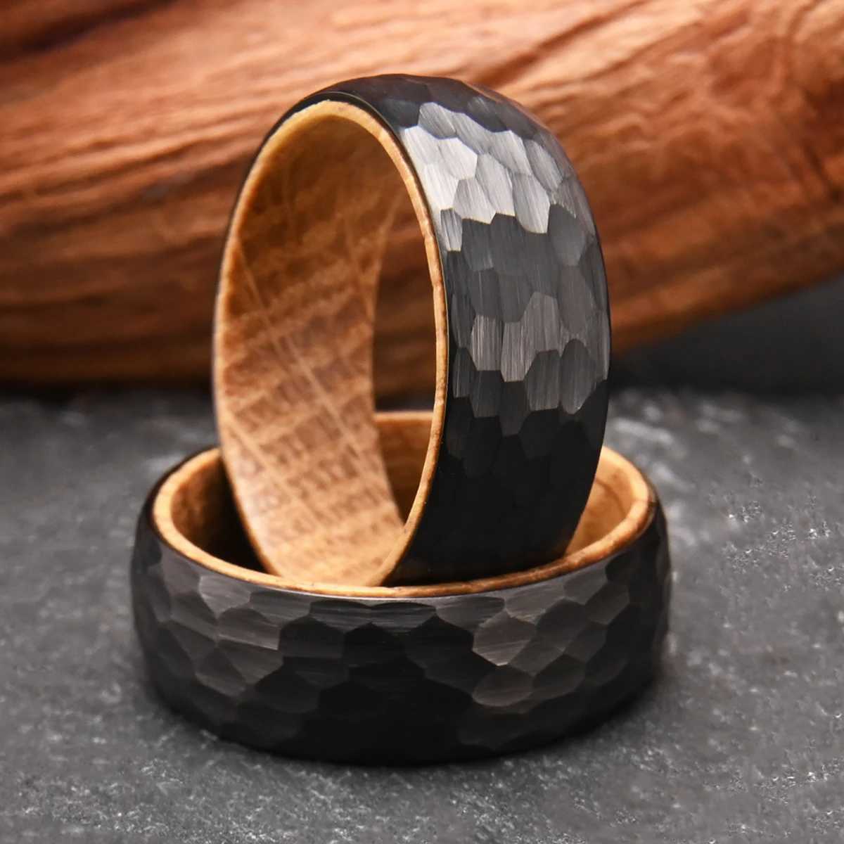 8mm Black Hammered Whiskey Barrel Ring Wedding Band Ring for Men Wooden Tungsten Engagement Ring Unique Gift for BoyfriendT260908 - view 6