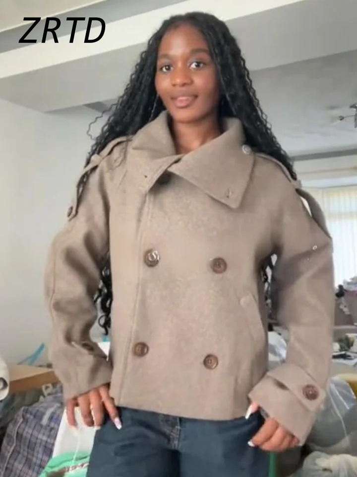 Elegant Women's Short Woolen Coats Stand Collar Double Breasted Long Sleeve Female Jacket 2026 Autumn Winter Lady Warm Outwear 260908 - view 4