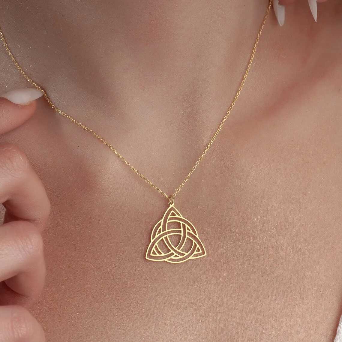 Viking Celtics Knot Geometric Pendant Necklace for Women Men Stainless Steel Gold Color Witch Triquetra Amulet Chain JewelryT260909 - view 7