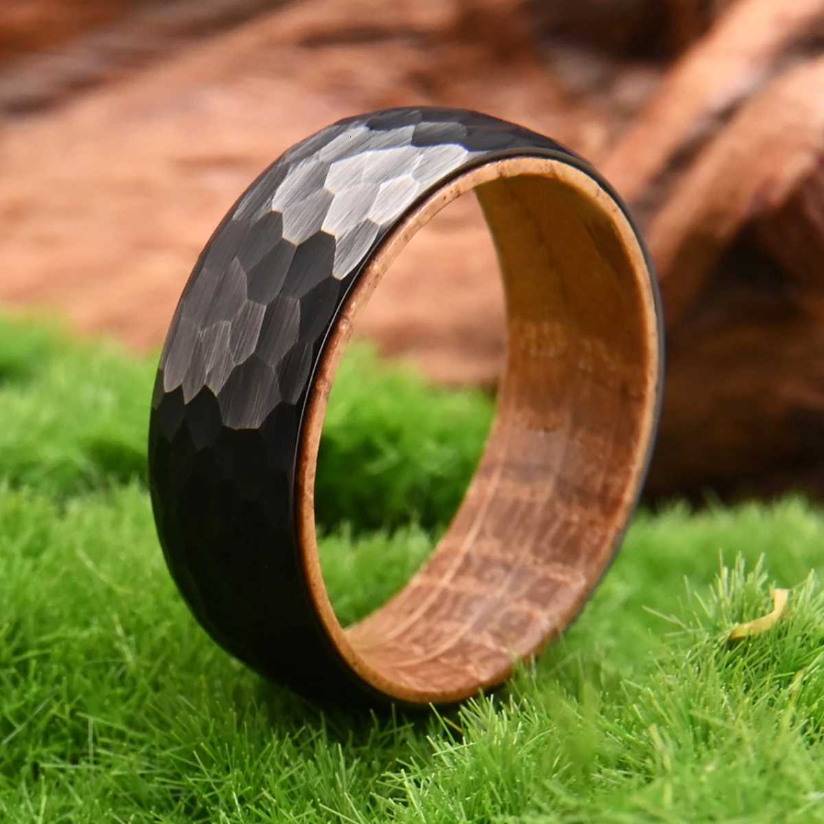 8mm Black Hammered Whiskey Barrel Ring Wedding Band Ring for Men Wooden Tungsten Engagement Ring Unique Gift for BoyfriendT260908 - view 5