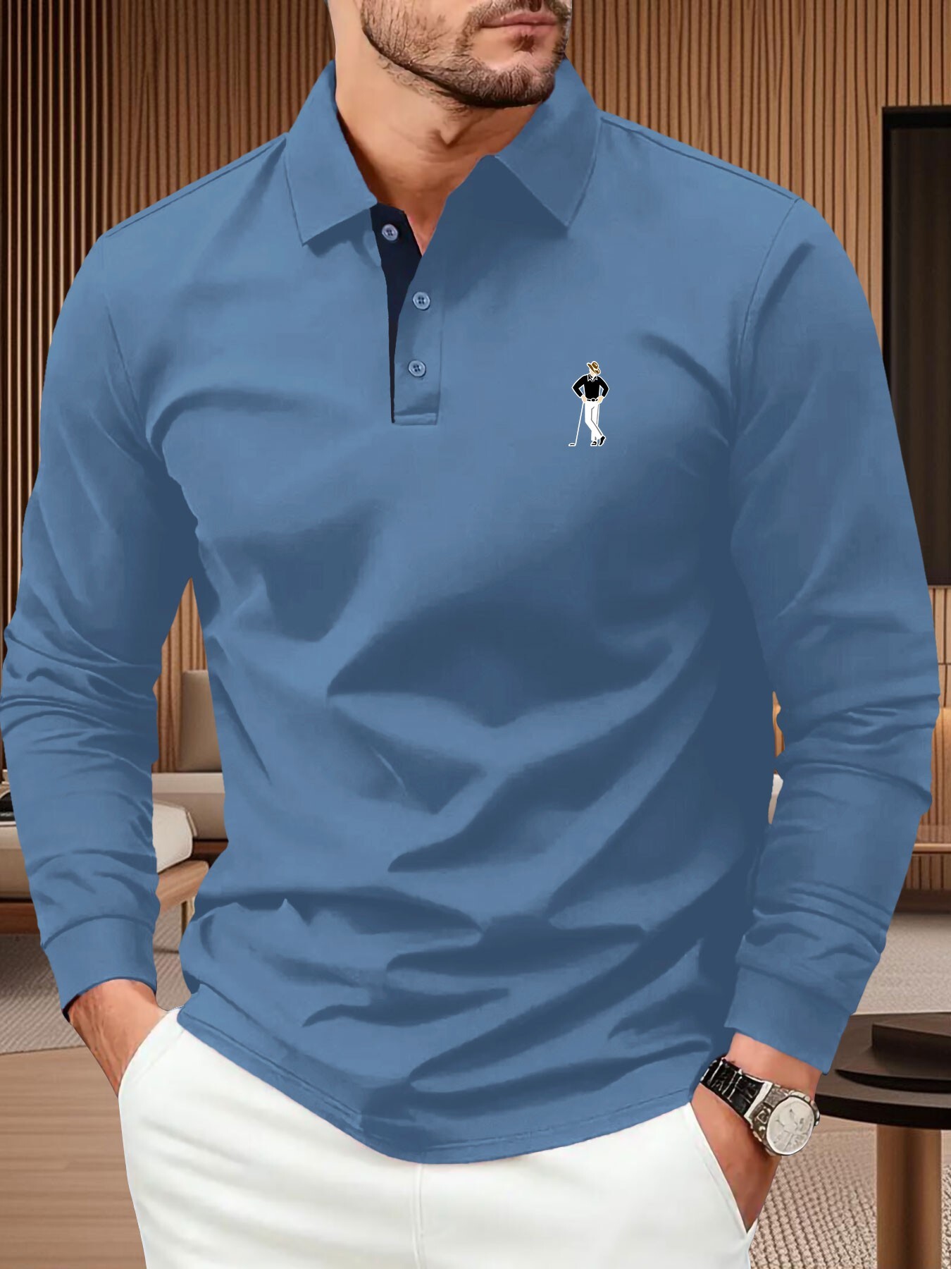 Designer A unique four-season high-end men's long-sleeve polo shirt, featuring a cartoon golfer portrait print, suitable for outdoor leisure