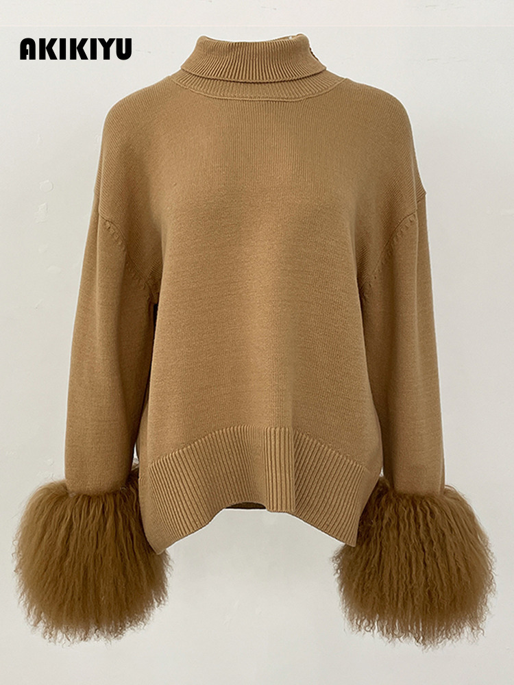 2026 Autumn Real Mongolia Sheep Sweater Oversized Cardigan Women High Collar Pullover Female Cuffs Fur Knitting Coat - view 3