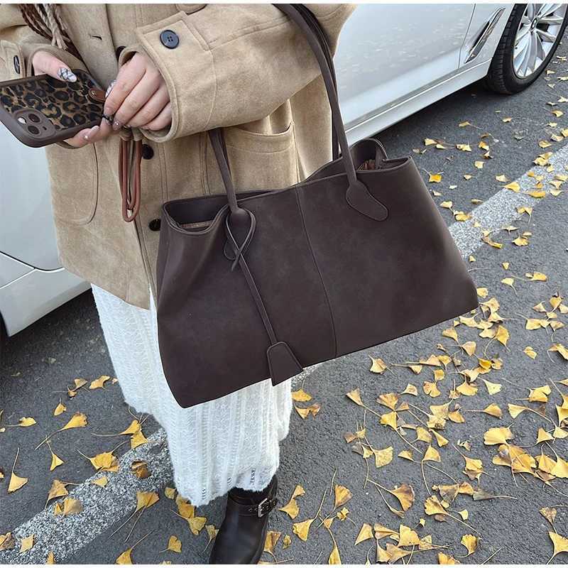 Brand Suede Leather Large Capacity Tote Bag Vintage Simple Cowhide Shoulder Purse High-quality Shopping Travel Commute HandbagT260909 - view 6