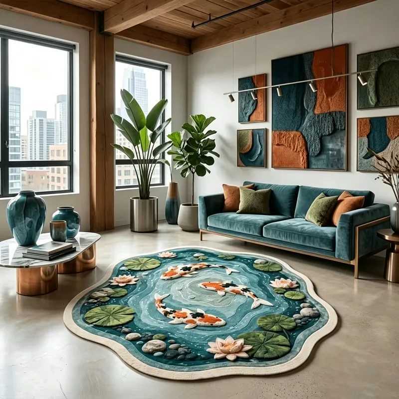 Irregular Lotus Pond Koi Fish Rug Art Pastoral Decor Living Room Carpet Bedroom Bedside Plush Rugs Soft Washable Floor Mat L260908 - view 5