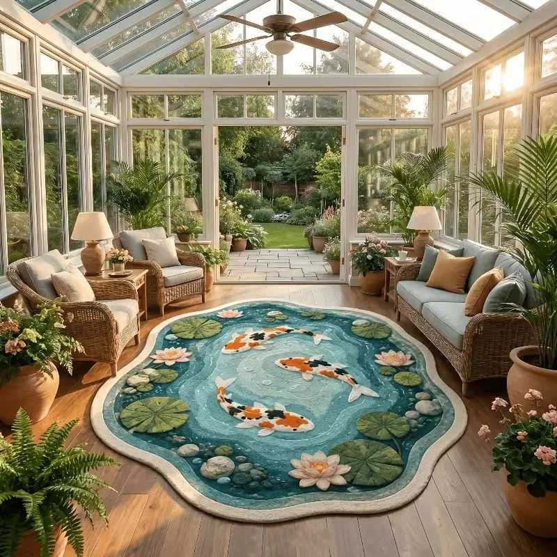 Irregular Lotus Pond Koi Fish Rug Art Pastoral Decor Living Room Carpet Bedroom Bedside Plush Rugs Soft Washable Floor Mat L260908 - view 4