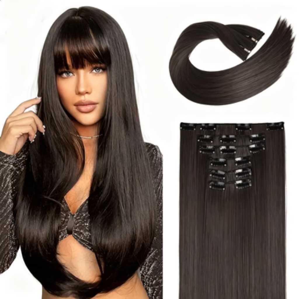 Best-selling hair extensions set for ladies. 6 pieces. Hair clips for attaching hair extensions. 16 cards. Long straight synthetic hair clips. Hair pi - view 5