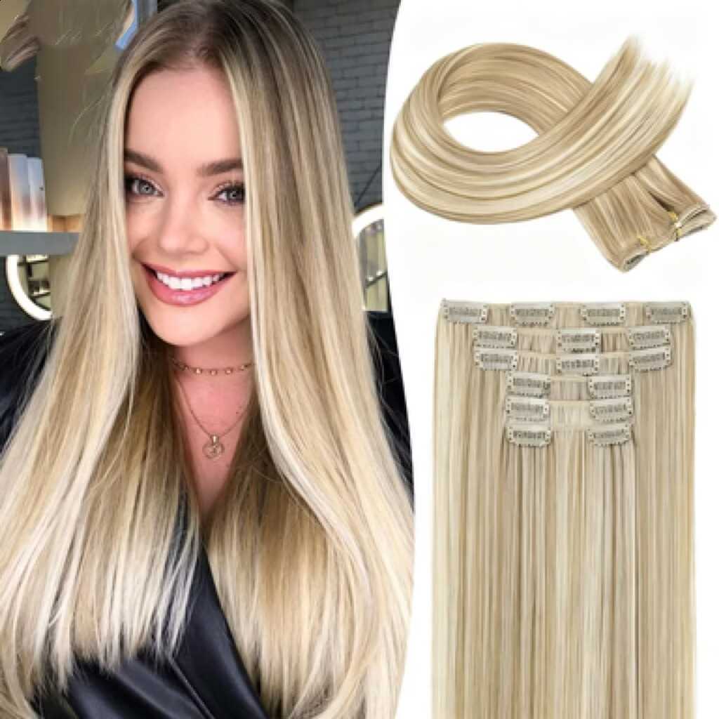 Best-selling hair extensions set for ladies. 6 pieces. Hair clips for attaching hair extensions. 16 cards. Long straight synthetic hair clips. Hair pi - view 4