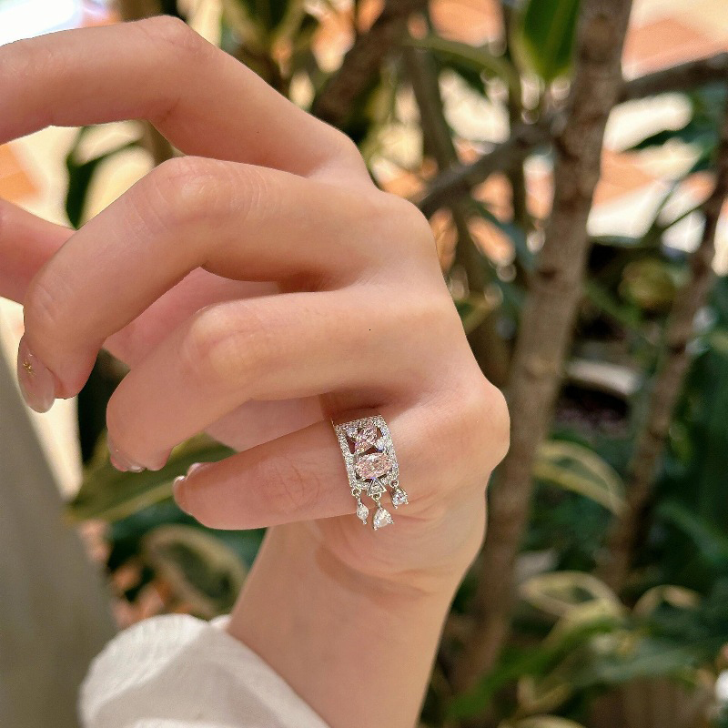 Wedding Ring Light Luxury Exquisite Hollow Pink Gems Water Droplet Tail Rings For Women Silver Sweet Style Tassel Ring Wedding Jewelry Visionice - view 7