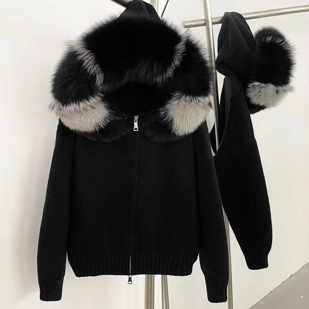 Coat Women Cardigan Natural Fur Coat Women Real Mongolian Fur Knitwear Female Spring Autumn Hooded Knitted Fur Jacket H260910