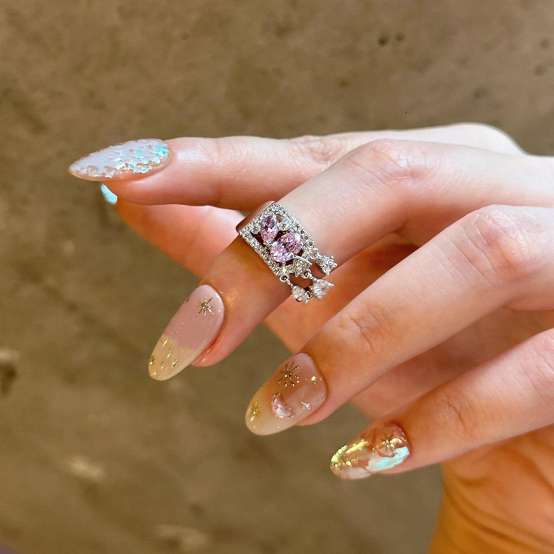 Wedding Ring Light Luxury Exquisite Hollow Pink Gems Water Droplet Tail Rings For Women Silver Sweet Style Tassel Ring Wedding Jewelry Visionice - view 4