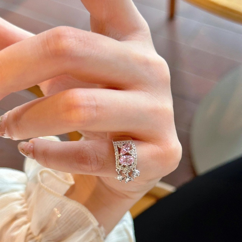 Wedding Ring Light Luxury Exquisite Hollow Pink Gems Water Droplet Tail Rings For Women Silver Sweet Style Tassel Ring Wedding Jewelry Visionice - view 3