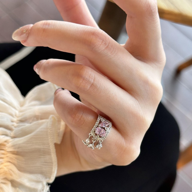 Wedding Ring Light Luxury Exquisite Hollow Pink Gems Water Droplet Tail Rings For Women Silver Sweet Style Tassel Ring Wedding Jewelry Visionice - view 6