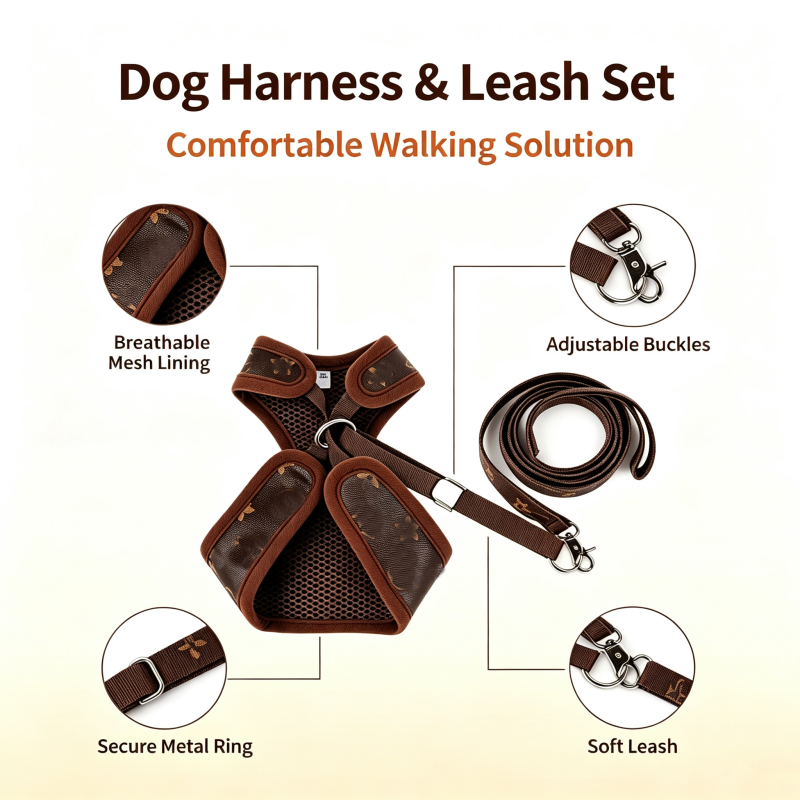 Luxury Dog Harness Leash Set Designer Vintage Breathable Mesh Step In Ring Soft Harness Adjustable for Small Dogs Cats Teddy Bear Daily Best Accessori - view 4