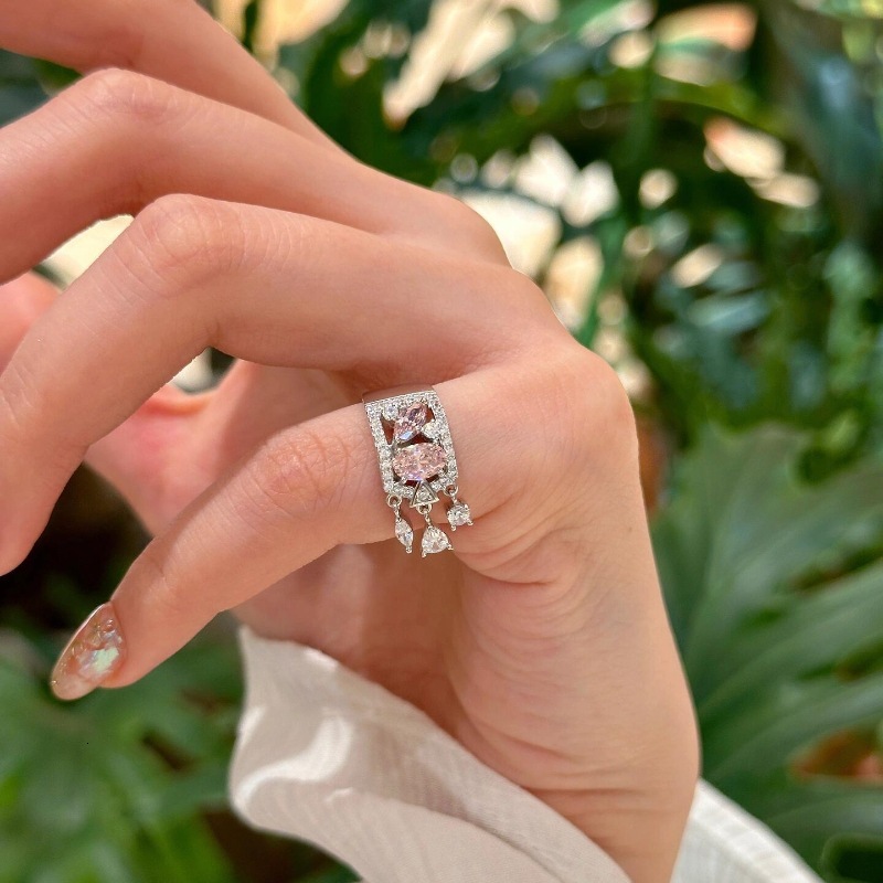 Wedding Ring Light Luxury Exquisite Hollow Pink Gems Water Droplet Tail Rings For Women Silver Sweet Style Tassel Ring Wedding Jewelry Visionice - view 5