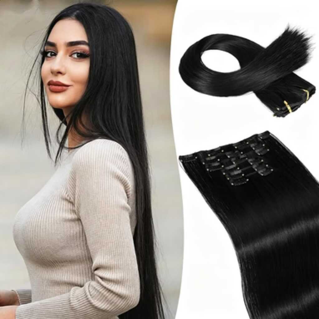 Best-selling hair extensions set for ladies. 6 pieces. Hair clips for attaching hair extensions. 16 cards. Long straight synthetic hair clips. Hair pi - view 3