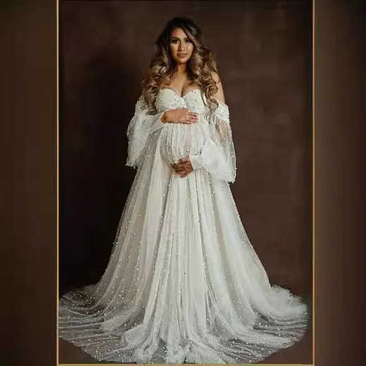 American European Maternity Dress Mesh Beaded Off-Shoulder Dress with Train Gown Pography Dress Pregnancy S261019